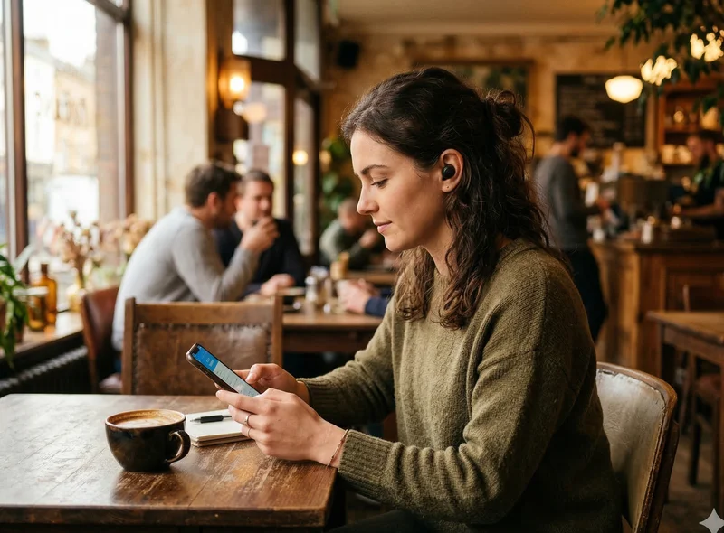 Noise cancelling earbuds for conference calls - person wearing earbuds at coffee shop