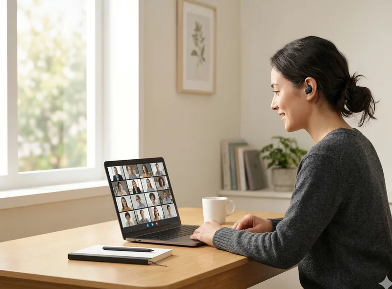 Noise cancelling earbuds for conference calls - person on video call wearing wireless earbuds